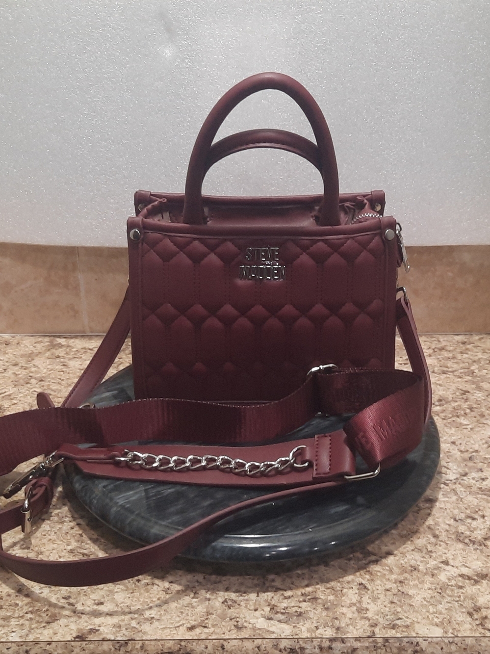 Steve Madden Quilted Wine Satchel with Chain Strap